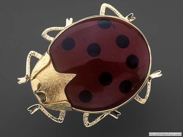 Lady Bug - 18k Gold - 22k Gold - Mookaite - Black Jade Inlay - 2 inches