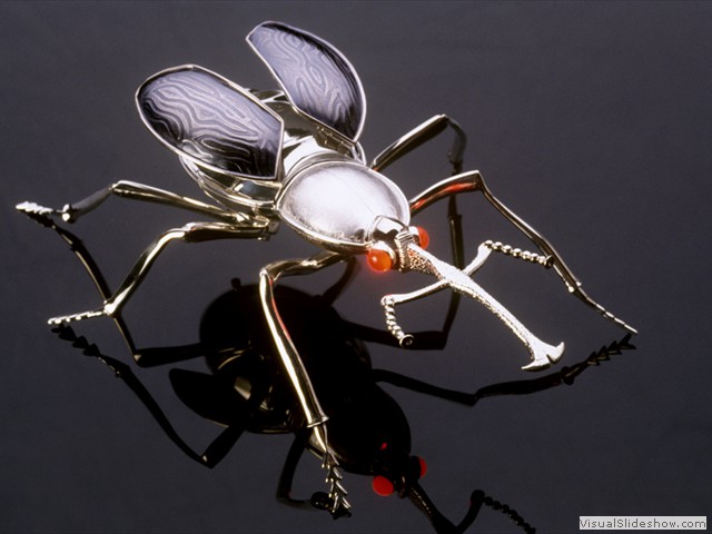 Lit Sculpture - Sterling Silver Weevil - Articulating Wings - Carnelian Eye lit by LED Lights - 4.5 inches