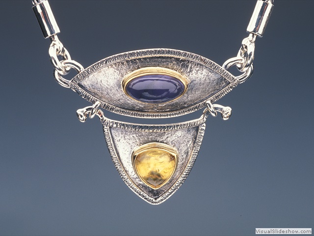 2 Stone Necklace - Iolite - Citrine - Sterling Silver - 22k Gold